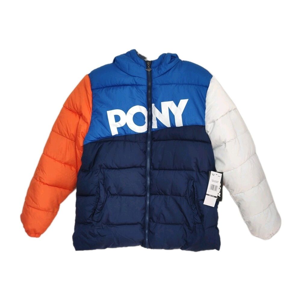 NWT PONY Full-Zip Puffer Coat Boys Size 14/16 Blue/Orange/White Hooded Filled